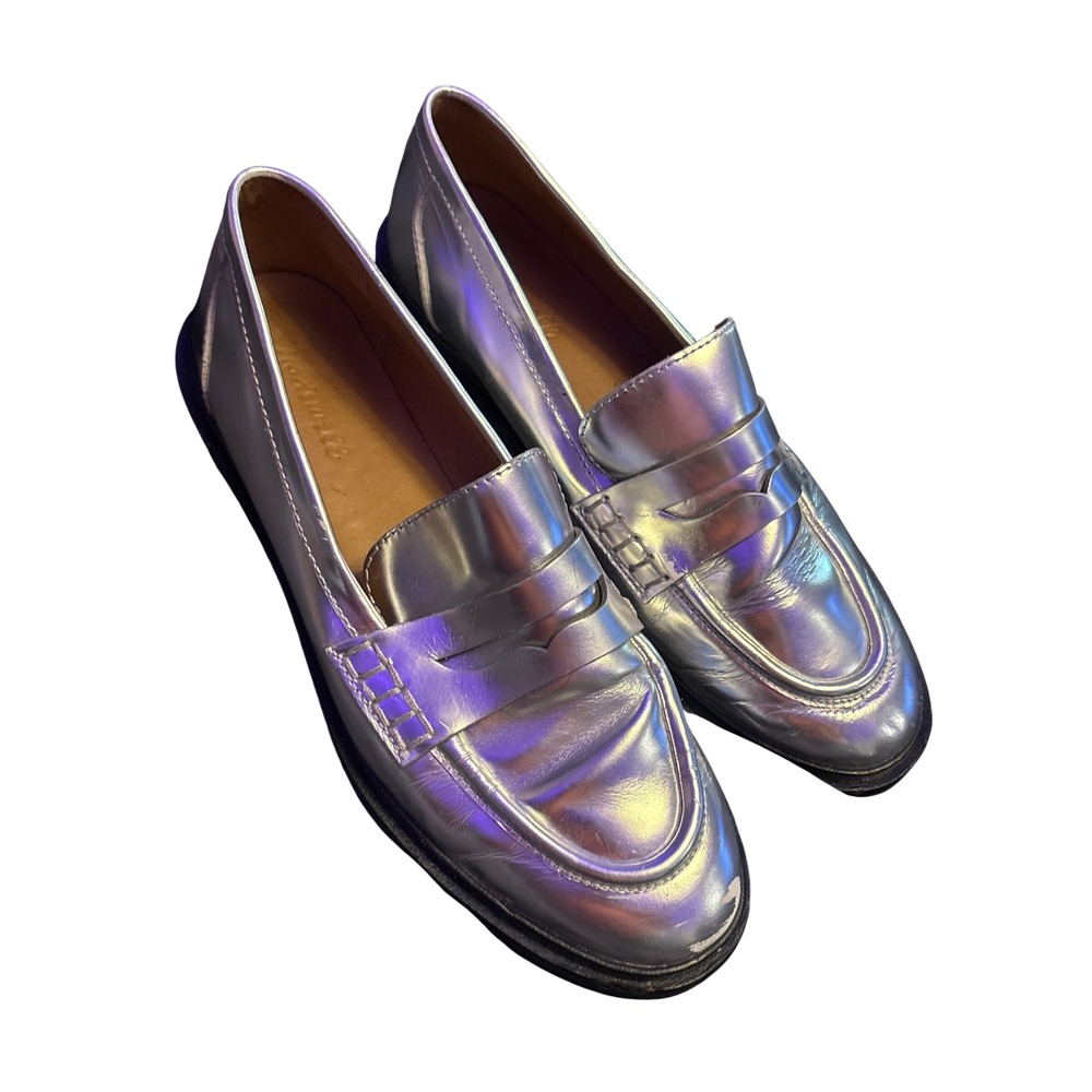 Madewell Metallic Silver Leather Penny Loafers Iridescent Oxford Shoes Size 9